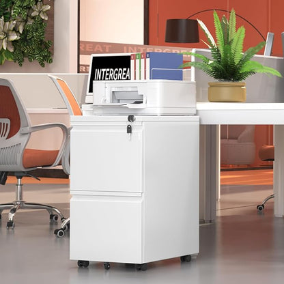 INTERGREAT Mobile File Cabinet with Lock,Under Desk Metal Filing Cabinet for Home Office, White 2 Drawer File Cabinets with Wheels for Legal/Letter/A4 File