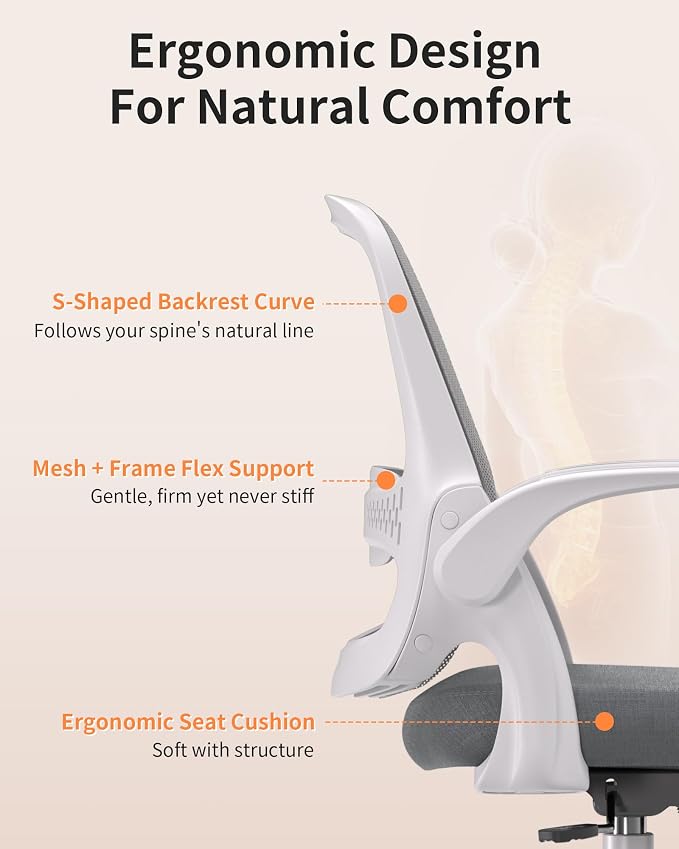 Ergonomic Mesh Office Chair with Flip-Up Arms, Adjustable Height, Breathable Mesh Back & Thick Cushion Seat, 360° Swivel Rolling Computer Desk Chair, BIFMA Certified, Supports 302 lbs（Gray）