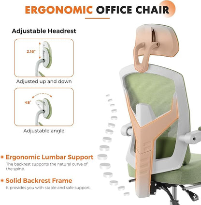 Sweetcrispy Office Computer Desk Chair, Ergonomic High-Back Mesh Rolling Work Swivel Chairs with Wheels, Comfortable Lumbar Support, Comfy Arms for Home, Bedroom, Study, Student, Green