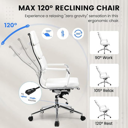 GTPOFFICE Ribbed Office Desk Chair High Back Ergonomic Chair with Wheels Cute Modern Executive Chair Bonded Leather Lumbar Support Computer Chair Swivel Tilt, Snow White