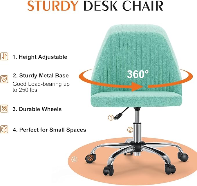 Simple Deluxe Armless Office Desk Chair, Modern Cute Swivel Vanity Chair Comfy Home Office Chairs with Wheels Height Adjustable Rolling Computer Task Stools for Living Room, Make-up, Bedroom, Teal