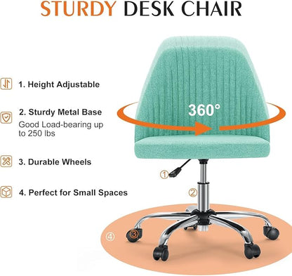 Simple Deluxe Armless Office Desk Chair, Modern Cute Swivel Vanity Chair Comfy Home Office Chairs with Wheels Height Adjustable Rolling Computer Task Stools for Living Room, Make-up, Bedroom, Teal