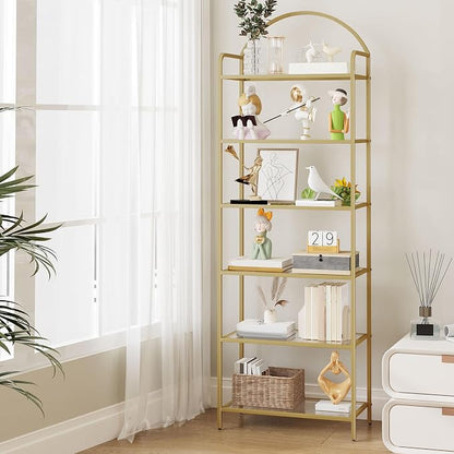 Hzuaneri Bookcase Bookshelf, Tempered Glass Bookshelves, Slim Shelving Unit for Bedroom, Bathroom, Home Office, Steel Frame, 6 Tier Gold BC21699G