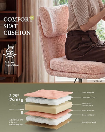 COMHOMA Vanity Chair with Ergonomic Curved Backrest, Home Office Desk Chair with Silent Wheel, Wide Seating Computer Chair for Girls Women Bedroom, Soft Teddy Fabric, Pink
