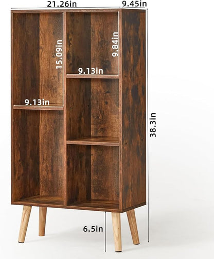 LEYAOYAO 5 Cube Small Bookshelf,3 Tier Mid-Century Bookcase with Legs,Wood Bookshelves Storage Organizer Shelf,Narrow Book Shelves,Brown Bookcases