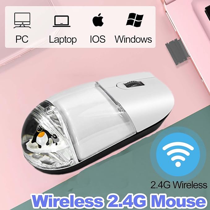 Wireless Mouse Cute Clear Water Silent Lightweight Portable Aqua Transparent Liquid Optical Retro Cordless Mice with USB Receiver Floater Penguin for PC Laptop Computer MacBook Kids Girl Gift (White)