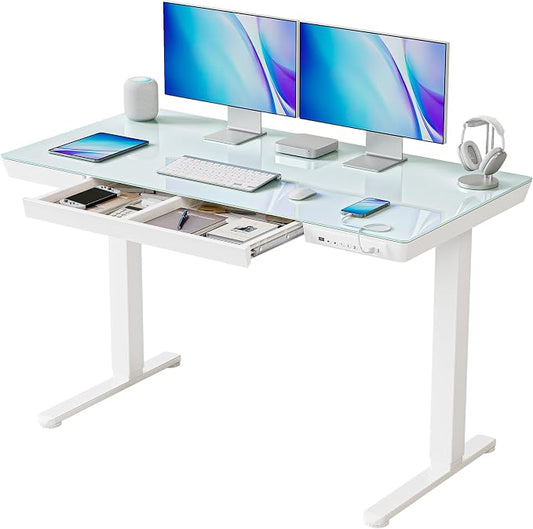 BANTI Electric Standing Desk with Drawers, 48 inch Whole-Piece Glass Desktop, Height Adjustable Stand up Sit Stand Home Office Ergonomic Workstation, White Tabletop