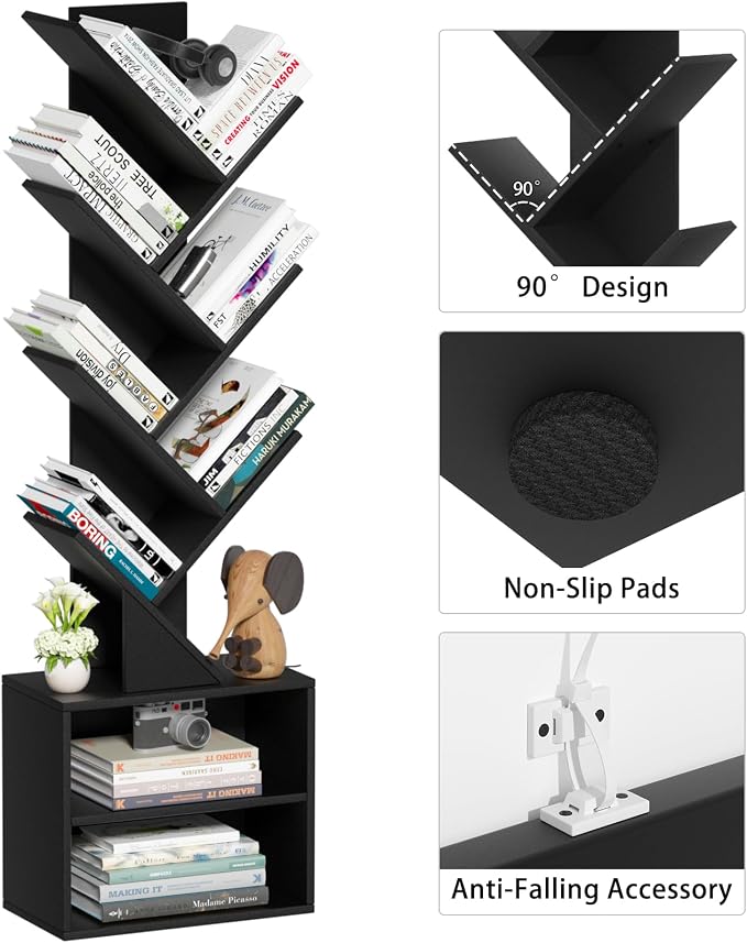 SHEEPAM 10 Tier Tree Bookshelf,Floor Standing Wood Tall Bookcase for Narrow Space, Storage Organizer Bookshelves for Books, Book Case for CDs/Movies/Books,Home Office,Living Room, Bedroom