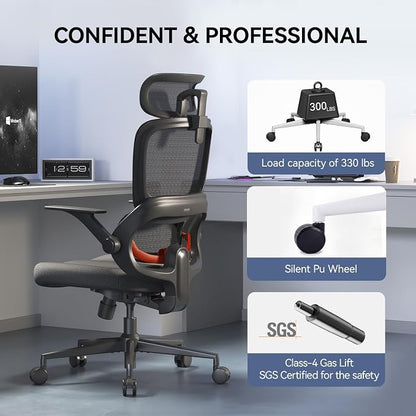 SIHOO B100 SE Office Chair, Desk Chair with Adaptive Lumbar Support & 2D Flip-up Armrests, 135° tilt Soft Memory Foam Erogonomic Chair for Home Office,Hold 300 LBS-Jet Black