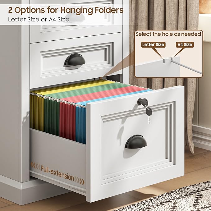 Halitaa Vertical File Cabinet, Filing Cabinet with 3 File Drawers & Lock, Farmhouse Small File Cabinet Fits Letter/A4 Size, Wooden Printer Stand, Home Office Cabinet, White
