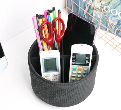 Round Leather Art Supply Organizer,Remote Control Holder,360 Degree Spinning,Multi-Functional Pencil Holder,4 Compartments Desktop Stationary Organizer(1-Wood Black)