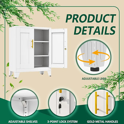 winiowa Tall Metal Storage Cabinet with Lock, Locking File Cabinet with 2 Doors and 2 Adjustable Shelves, White Lockable Organizer for Home Office Garage（27.6" W）