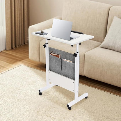 Small Mobile Standing Desk with Storage, 24" L×16" W Mobile Office Table, Rolling Laptop Table with 180° Flip, 32-47in Adjustable Height Desk for Small Spaces Home Offices