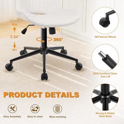 Armless Office Chair, Height Adjustable Desk Chair with Wheels, Ergonomic Comfy 360° Swivel Home Office Computer Task Chair, Faux Leather Padded Cute Vanity Chair, White