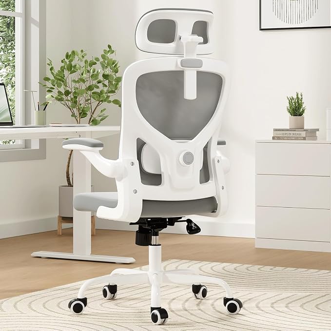 Soohow Office Chair, Ergonomic Office Mesh Desk Chair with Adjustable Back Support, High Back Comfy Computer Swivel Chair with Headrest, Lumbar Support for Study Room, Gaming and Office, White & Grey