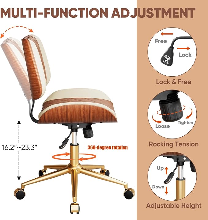 Home Office Desk Chair with Swivel Wheels, Modern PU Leather Armless Office Chair, Small Mid Back Computer Chair for Home Office, Reading Meeting Room (Brown and Beige, Gold Wheels)