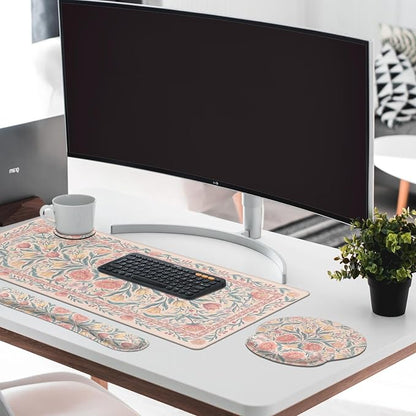 Britimes Pink Floral Keyboard Mouse Pad Set Retro 4in1 Large Mousepad+Keyboard Wrist Rest+Mouse Wrist Rest+Coaster Ergonomic Design for Home Office Computer 35.4x15.7 inches