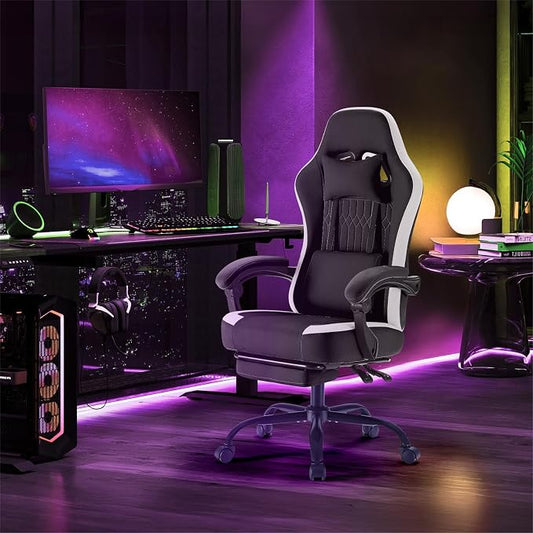 Sweetcrispy Computer Gaming Chair: Ergonomic Desk Chair with Footrest and Lumbar Support, High Back Height Adjustable with Linkage Armrests and Headrest, 360° Swivel Wheels, Black