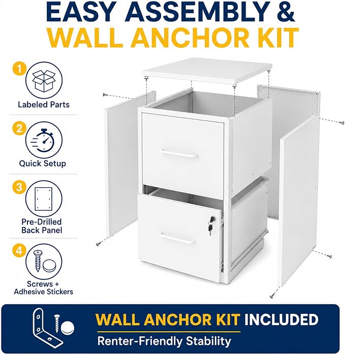 SAWJEC 2 Drawer File Cabinet with Lock, Small Metal Filing Cabinet for Home Office, Vertical Locking File Cabinet with Letter Size Hanging Files, White, 25.6" H x 15.0" W x 17.7" D