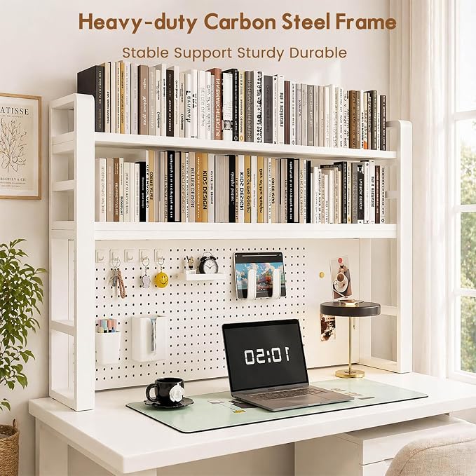 Lefedrasticity Desktop Bookshelf Organizer with Pegboard 3 Tier Desk Hutch Dorm Heavy-Duty Desk Shelf Organizer for Computer Desktop Organizer Shelf for Office Dorm Room Gaming Desks (White, 37.4" L)