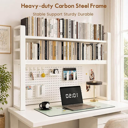 Lefedrasticity Desktop Bookshelf Organizer with Pegboard 3 Tier Desk Hutch Dorm Heavy-Duty Desk Shelf Organizer for Computer Desktop Organizer Shelf for Office Dorm Room Gaming Desks (White, 37.4" L)