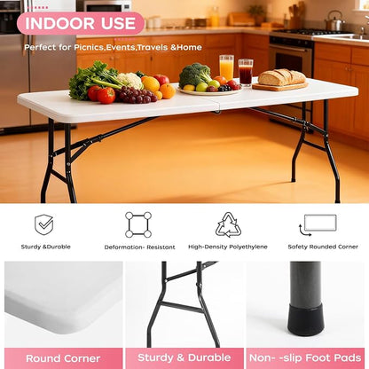 FDW 8FT Folding Table, Portable Fold-in-Half Plastic Picnic Party Table with Carrying Handle (White, 8FT)