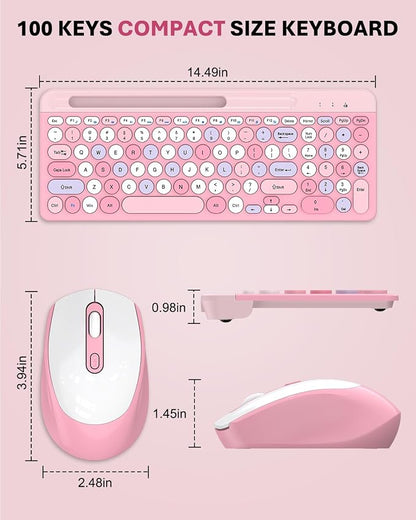 Colorful Wireless Keyboard and Mouse Combo - Round Keycaps, 2.4GHz Retro Typewriter Keyboard with Number Pad, Cute Compact USB Keyboard and Mouse for Computer PC Desktop Laptop (Pink)