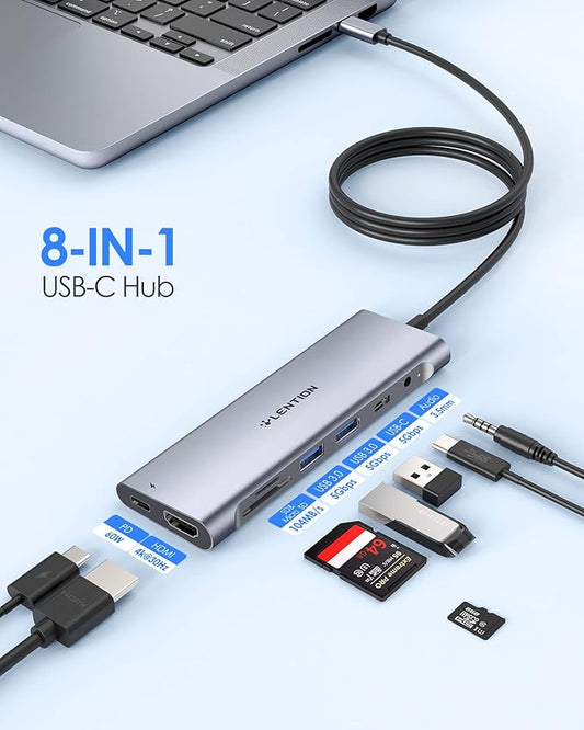 LENTION 3.3FT Long Cable USB C Hub with 4K HDMI, 100W PD, USB 3.0 A&C Data, Card Reader&LED Indicator for MacBook Pro/Air, Dell XPS, HP, Chromebook, Stable Driver Adapter (C37-1M, Space Gray)