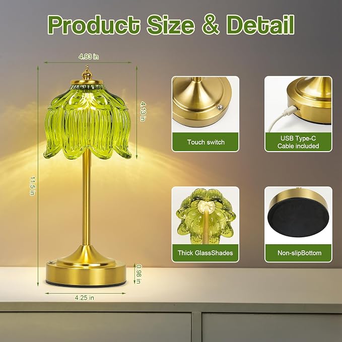 Cordless Lotus Flower Table Lamp, 5200mAh Rechargeable Battery Operated Portable Lamp, 3-Color Dimmable Touch Control Small Desk Lamp for Bedroom, Office, Kitchen, Nightstand,Room Decor(Green)