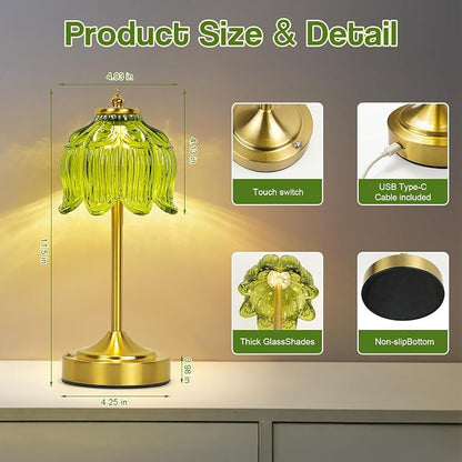 Cordless Lotus Flower Table Lamp, 5200mAh Rechargeable Battery Operated Portable Lamp, 3-Color Dimmable Touch Control Small Desk Lamp for Bedroom, Office, Kitchen, Nightstand,Room Decor(Green)