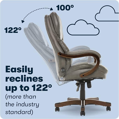 Serta Conway Big & Tall Executive Office Chair, Ergonomic High-Back with Adjustable Lumbar, Semi Plush Cushion and Body Pillows, Padded Armrests, Wooden Swivel Base, Bonded Leather, Gray