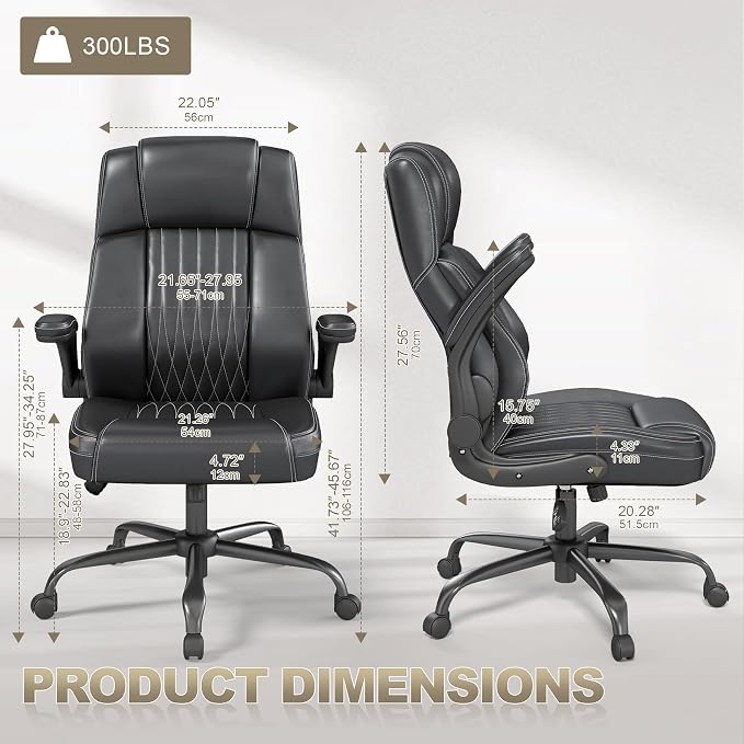 Ergonomic Executive Office Chair, High Back PU Leather Computer Desk Chair with Flip-Up Armrests, Lumbar Support, Adjustable Height and Rocking Function, Black