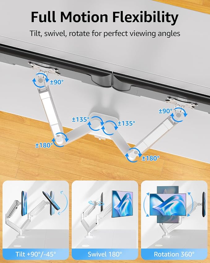 MOUNTUP Dual Monitor Stand for Desk, Monitor Arms for 2 Monitors Max 32 Inches, Height Adjustable Double Monitor Mount, VESA Mount with C-Clamp & Grommet Base, Holds 4.4-17.6lbs, White