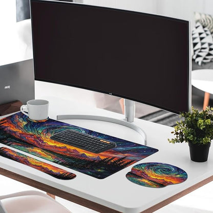 Britimes Mountain Colorful Abstract Keyboard Mouse Pad Set Galaxy Forest 4in1 Large Mousepad+Keyboard Wrist Rest+Mouse Wrist Rest+Coaster Ergonomic Design for Home Office Computer 35.4x15.7 inches
