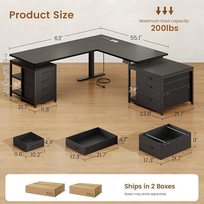 SEDETA L Shaped Electric Standing Desk with 7 Drawers, 63"×55.1" Height Adjustable Stand Up Desk with Power Outlets, 28.3"-47.2" Sit Stand Desk with Storage Shelves, 3 Memory Presets, Black