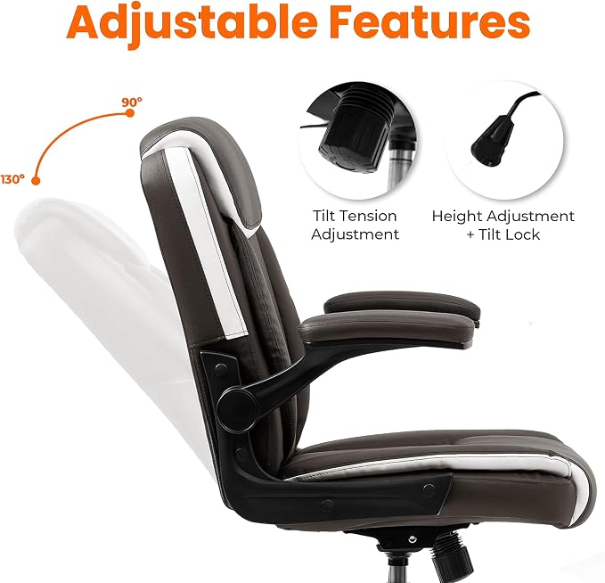 NEO CHAIR Desk Office Gaming Computer Chair Ergonomic Executive Mid-Back Leather with Adjustable Padded Flip-Up Armrests Cushion Wheels Swivel for Home Study Task (Brown)