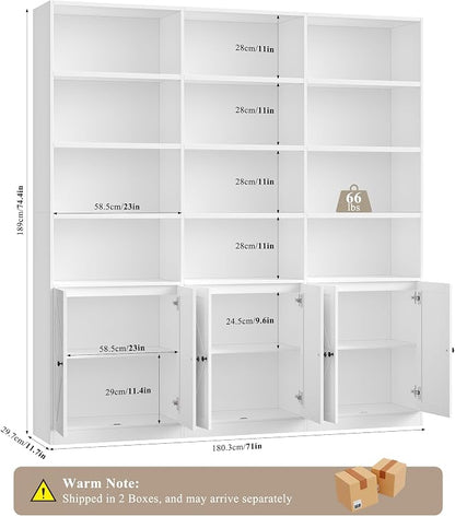 FACBOTALL 75" Triple Wide Bookshelf, White Bookshelf and Bookcase with 6 Farmhouse Doors, 71" Wide 6 Tier Book Shelf with 18 Storage Shelves, Large Wooden Bookshelves, Tall Bookcase for Office, White