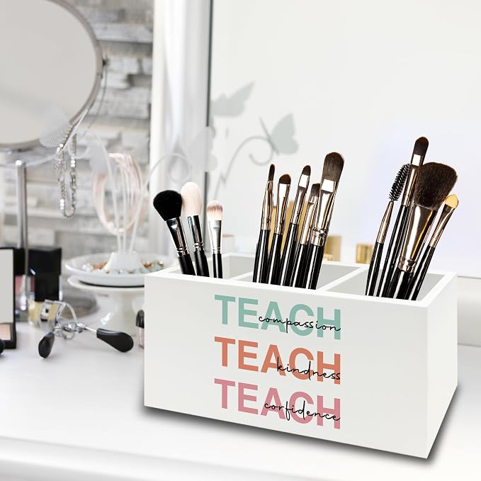 Teacher Pen Pencil Holder Organizer for Desk, Teacher Appreciation Gifts, Teach Compassion Kindness Confidence Wooden Box Sign for Classroom Office Workplace Desk Tabletop Decorations