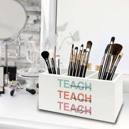 Teacher Pen Pencil Holder Organizer for Desk, Teacher Appreciation Gifts, Teach Compassion Kindness Confidence Wooden Box Sign for Classroom Office Workplace Desk Tabletop Decorations