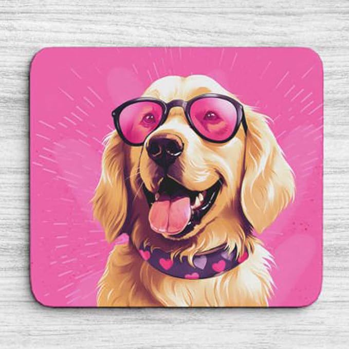 Pink Mousepad Glamour Dog Golden Retriever Mouse Pad for Home Office Gaming Working Desk Computer Desktop Accessories Non-Slip Rubber Mousepad for Dog Lovers