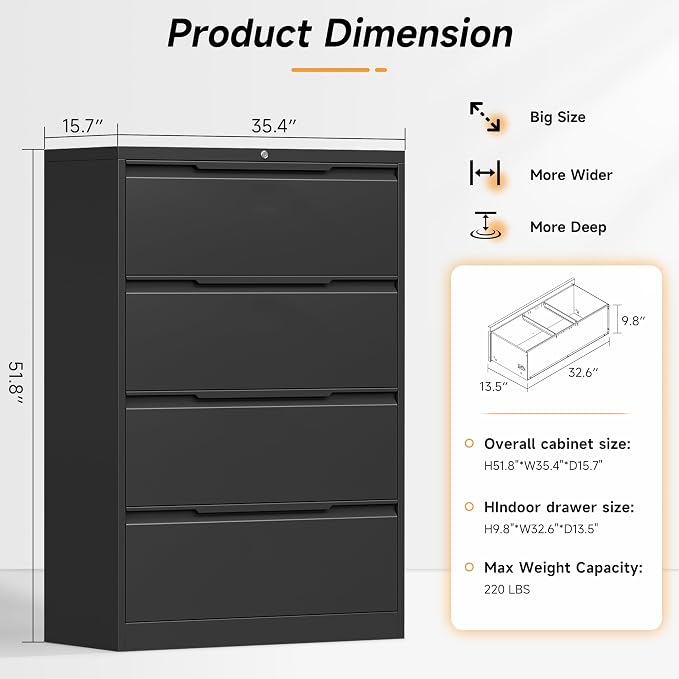 Bestoo 4 Drawer Lateral File Cabinet with Lock Heavy Duty Large Metal Filing Cabinet Home Office Cabinets Wide Steel Cabinets for Legal/Letter Size,Assembly Required Black