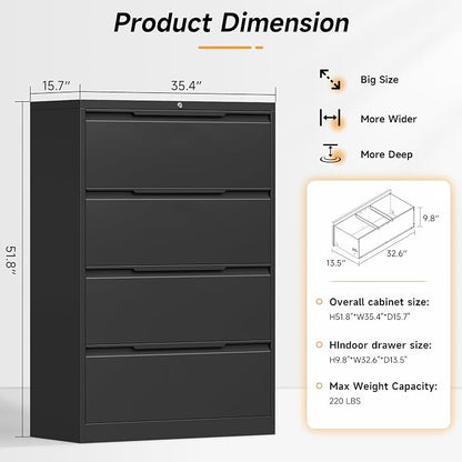Bestoo 4 Drawer Lateral File Cabinet with Lock Heavy Duty Large Metal Filing Cabinet Home Office Cabinets Wide Steel Cabinets for Legal/Letter Size,Assembly Required Black