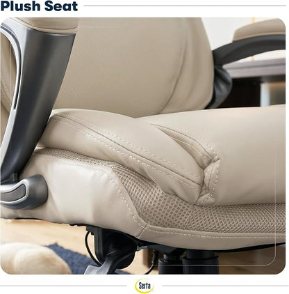 Serta Bryce Executive Office Chair - Ergonomic Computer DeskChair with Lumbar Technology - Adjustable Height - Memory Foam Body Pillows - 360° Swivel Rolling Base - Bonded Leather - Cream