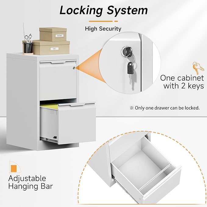 Bestoo File Cabinet, 2 Drawer Filing Cabinet with Lock, Vertical Filing Storage Cabinet for Home Office, Metal File Cabinets, Office Storage Cabinet for Letter, Legal, A4, File Folders
