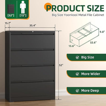 Lateral File Cabinet 4 Drawer, Metal File Cabinet with Lock | Filing Cabinets for Home Office, Black Locking Deep Drawer for Hanging Files Letter/Legal/A4/F4 Size, Assembly Required