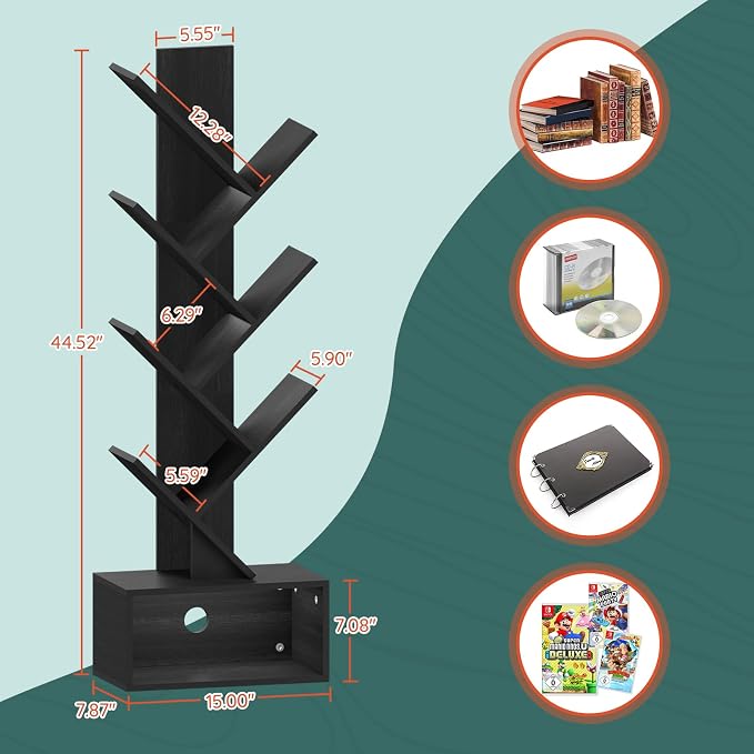 Yoobure Tree Bookshelf, 6 Tier Small Book Shelf Retro Floor Standing Bookcase, Wood Book Storage Organizer Rack, Tall Narrow Bookshelves for Corner/Bedroom/Living Room/Home Office, Black