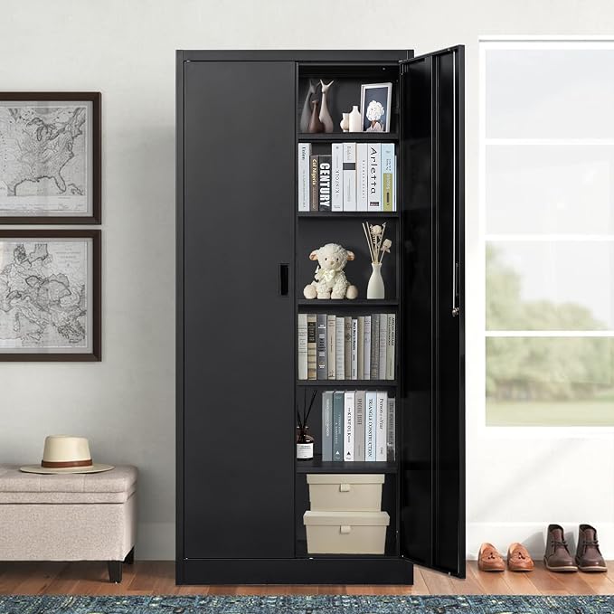 CMY Metal Storage Cabinet, 71" Locking Cabinet with 5 Adjustable Shelves, Large Steel Storage Cabinets for Garage, Home Office, Pantry -Black