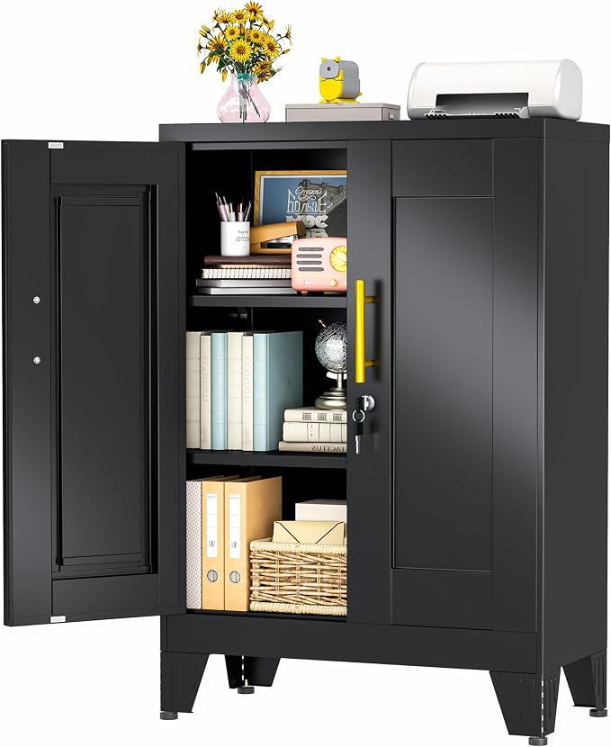 winiowa Tall Metal Storage Cabinet with Lock, Locking File Cabinet with 2 Doors and 2 Adjustable Shelves, Black Lockable Organizer for Home Office Garage（23.6" W）