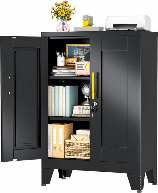 winiowa Tall Metal Storage Cabinet with Lock, Locking File Cabinet with 2 Doors and 2 Adjustable Shelves, Black Lockable Organizer for Home Office Garage（23.6" W）