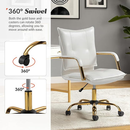 HULALA HOME Faux Leather Home Office Desk Chair, Adjustable Swivel Computer Chair with Golden Legs and Arms, Comfy Upholstered Task Chair, White